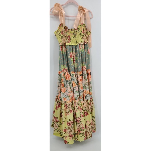 Free People Bluebell Patchwork Floral Maxi Tiered Dress Medium Smocked Ribbon - Picture 2 of 11